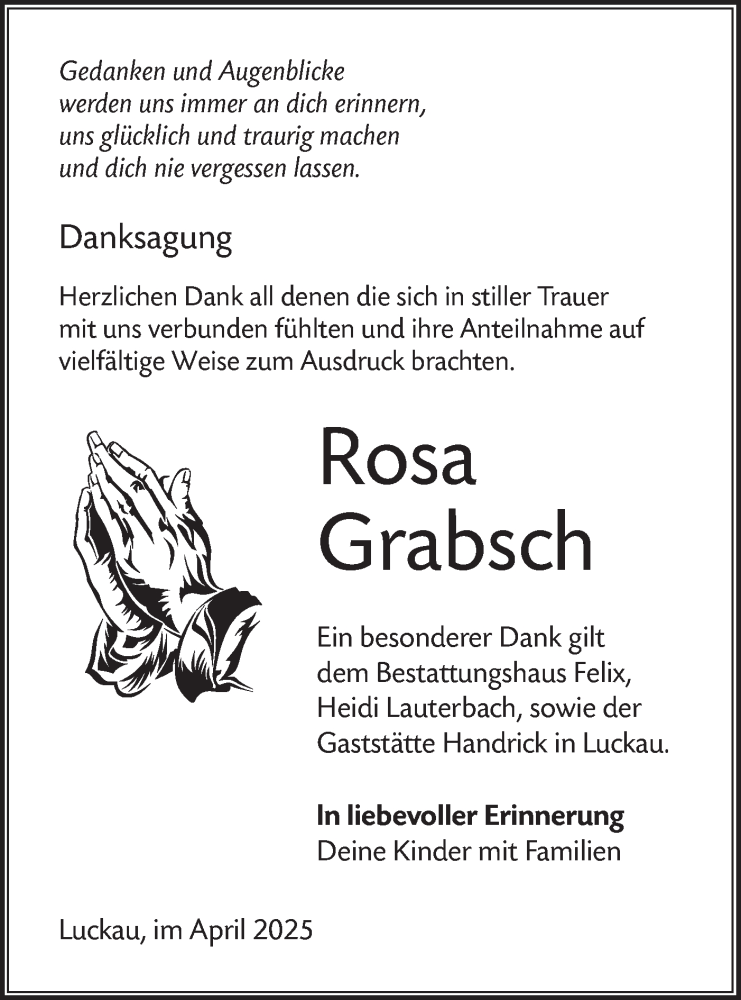  Traueranzeige für Rosa Grabsch vom 12.04.2025 aus Lausitzer Rundschau