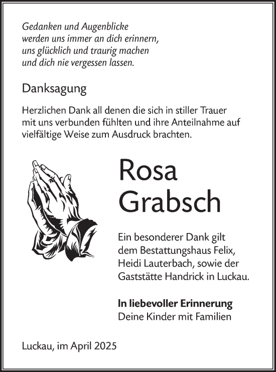Traueranzeige von Rosa Grabsch von Lausitzer Rundschau