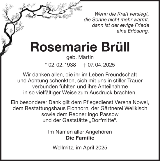 Traueranzeige von Rosemarie Brüll von Lausitzer Rundschau