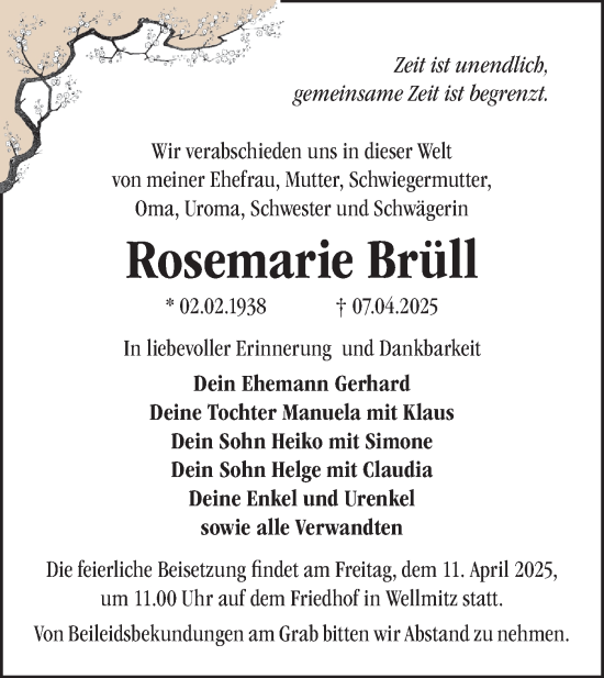 Traueranzeige von Rosemarie Brüll von Lausitzer Rundschau