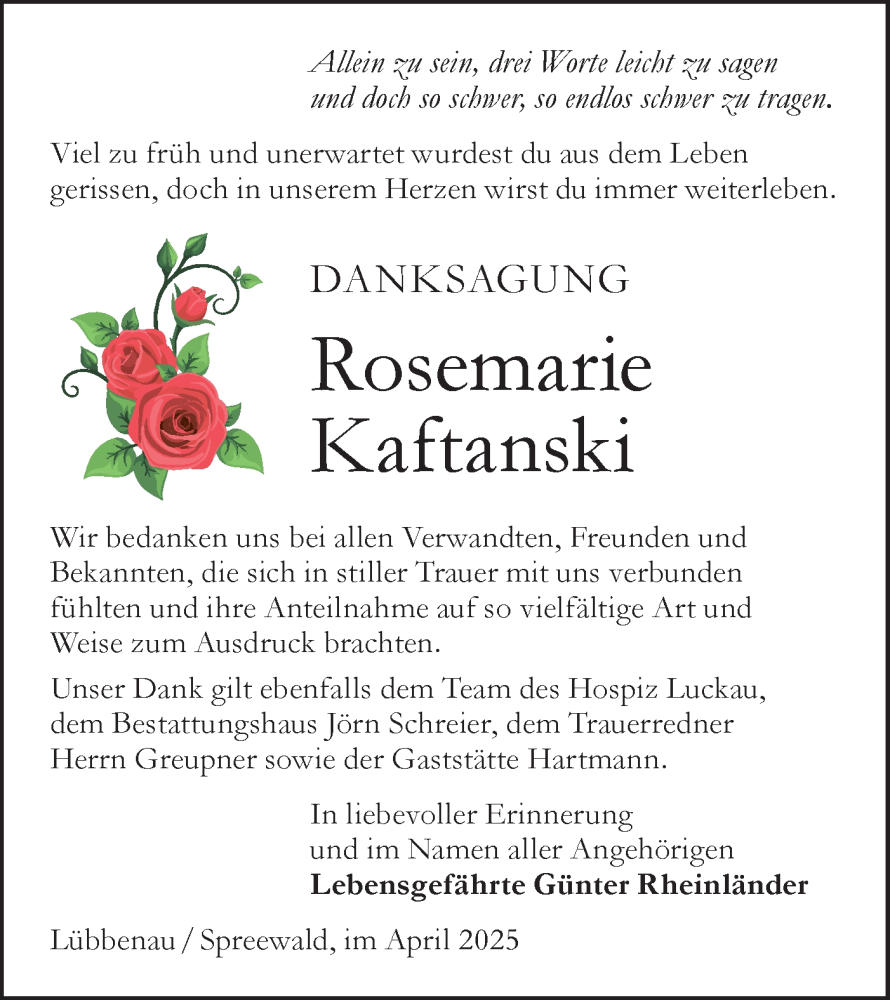  Traueranzeige für Rosemarie Kaftanski vom 12.04.2025 aus Lausitzer Rundschau