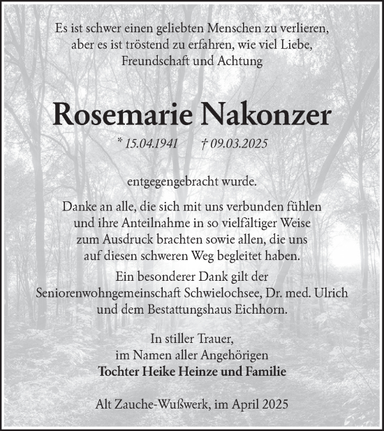 Traueranzeige von Rosemarie Nakonzer von Lausitzer Rundschau