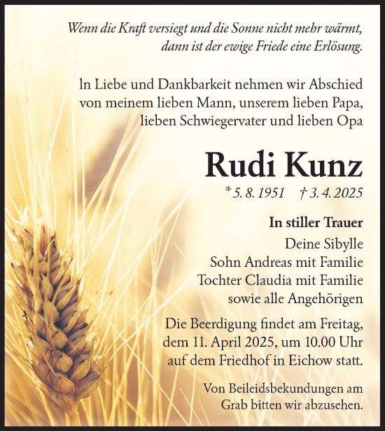 Traueranzeige von Rudi Kunz von Lausitzer Rundschau