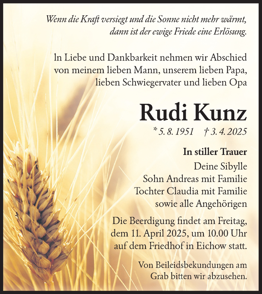 Traueranzeige für Rudi Kunz vom 09.04.2025 aus Lausitzer Rundschau