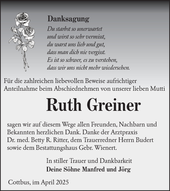 Traueranzeige von Ruth Greiner von Lausitzer Rundschau