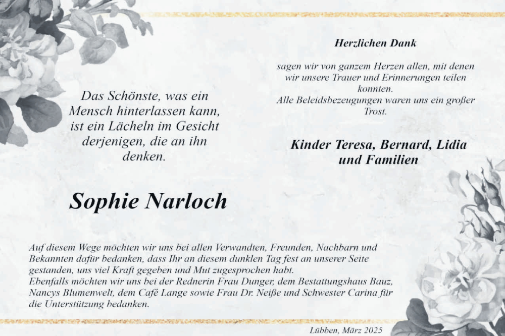  Traueranzeige für Sophie Narloch vom 05.04.2025 aus Lausitzer Rundschau