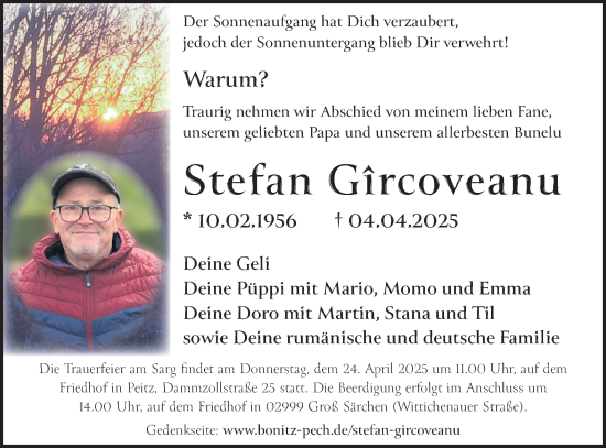 Traueranzeige von Stefan Gircoveanu von Lausitzer Rundschau
