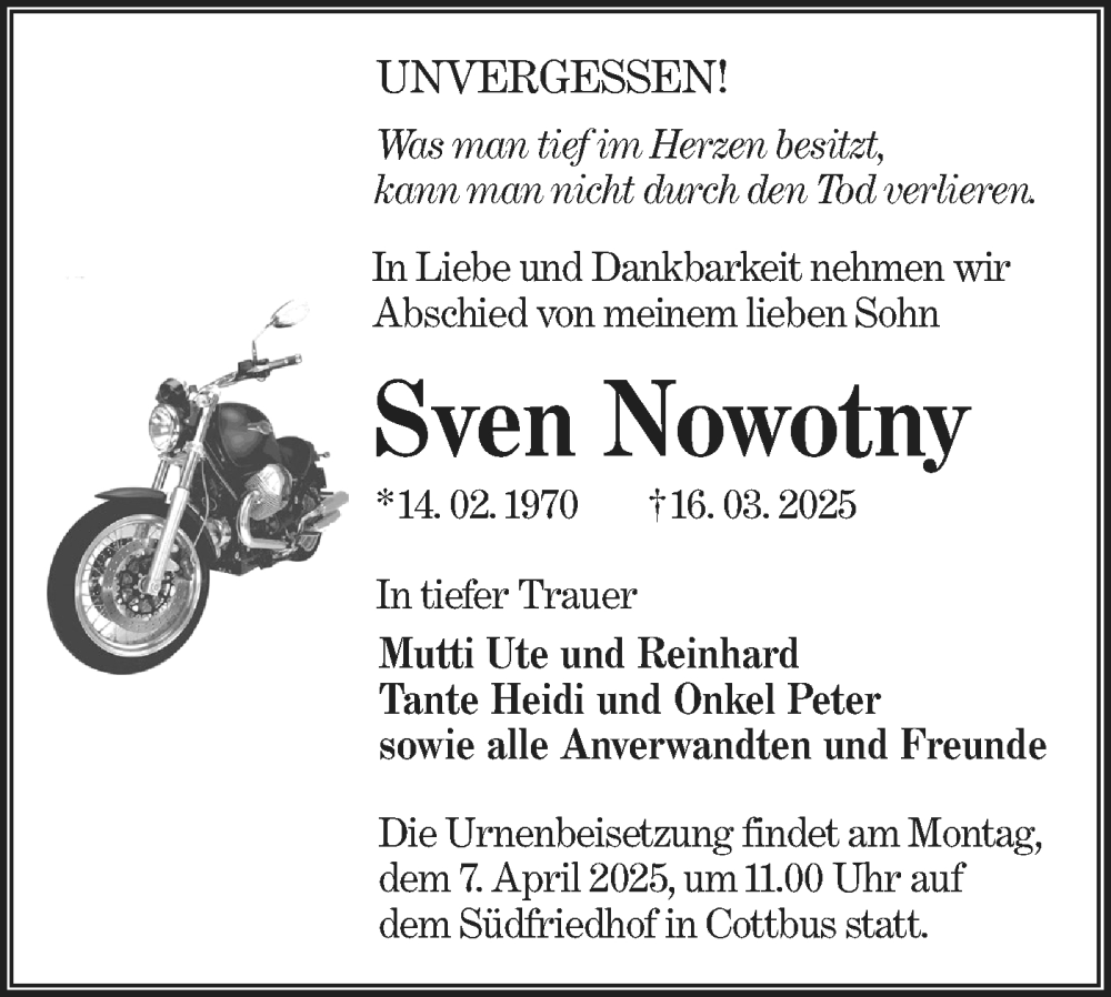  Traueranzeige für Sven Nowotny vom 05.04.2025 aus Lausitzer Rundschau