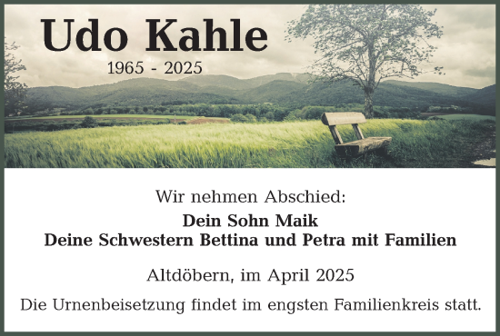 Traueranzeige von Udo Kahle von Lausitzer Rundschau