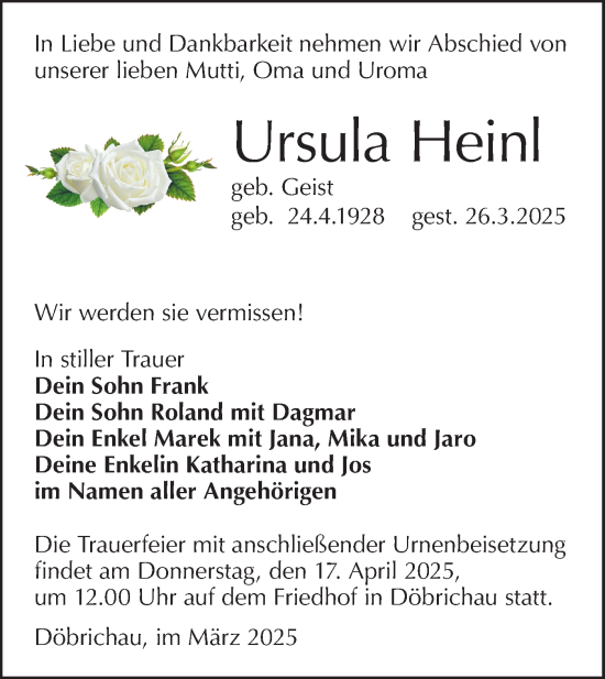 Traueranzeige von Ursula Heinl von Lausitzer Rundschau