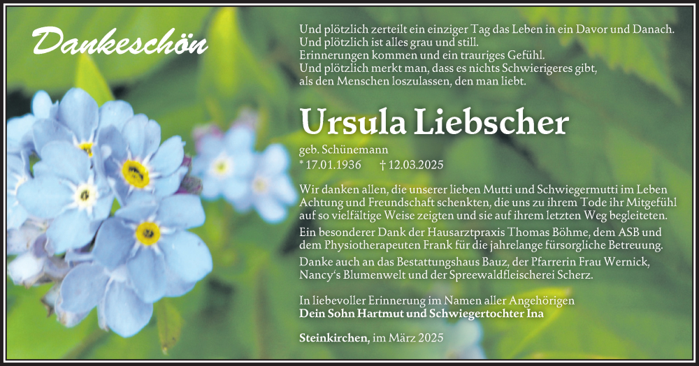  Traueranzeige für Ursula Liebscher vom 05.04.2025 aus Lausitzer Rundschau