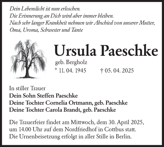 Traueranzeige von Ursula Paeschke von Lausitzer Rundschau