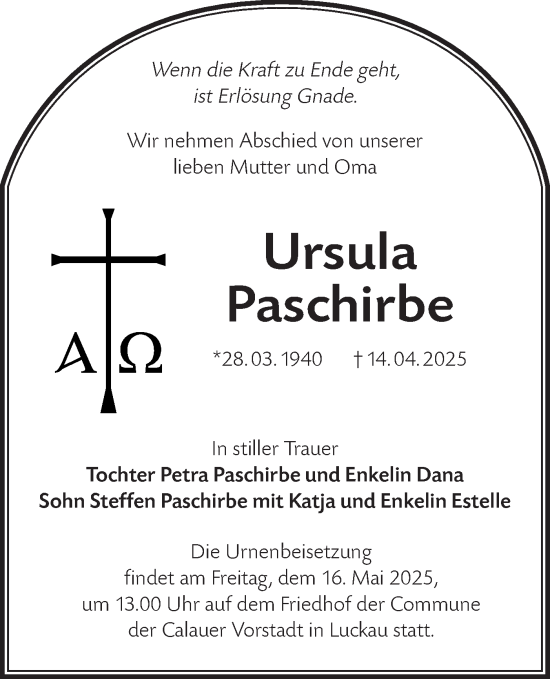 Traueranzeige von Ursula Paschirbe von Lausitzer Rundschau