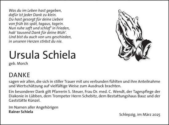 Traueranzeige von Ursula Schiela von Lausitzer Rundschau