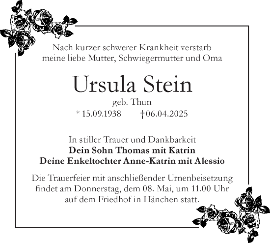 Traueranzeige von Ursula Stein von Lausitzer Rundschau