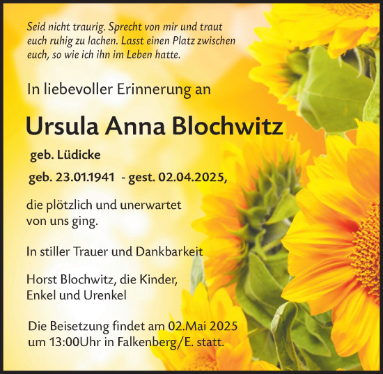 Traueranzeige von Ursula Anna Blochwitz von Lausitzer Rundschau