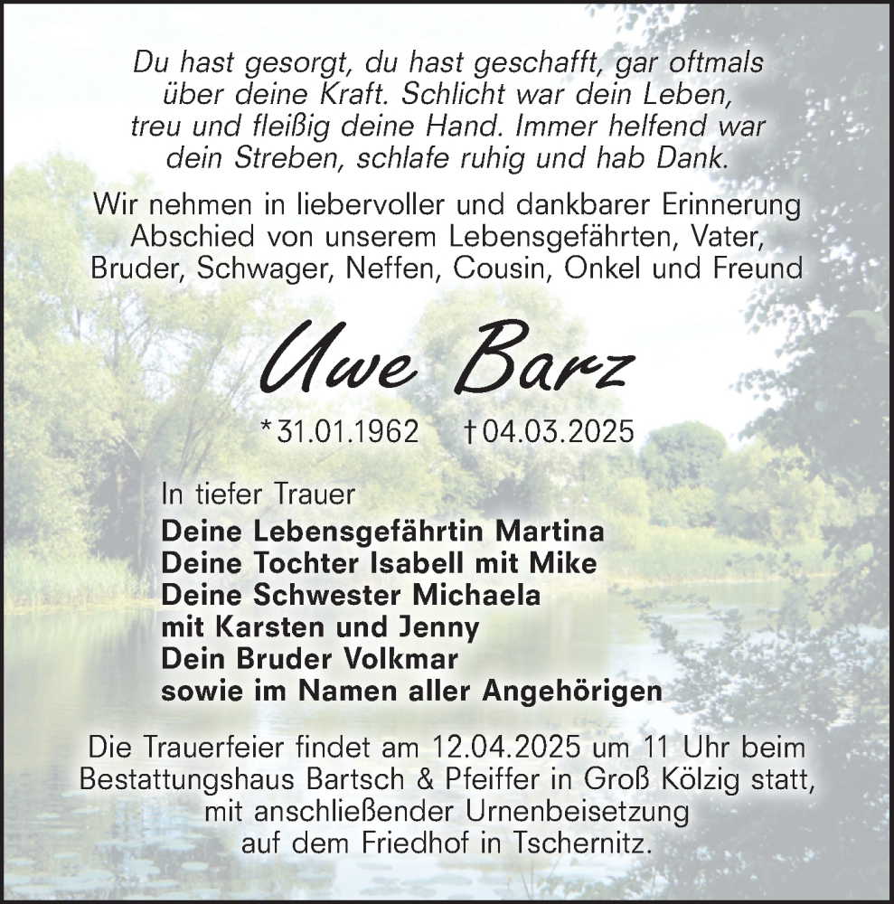  Traueranzeige für Uwe Barz vom 05.04.2025 aus Lausitzer Rundschau