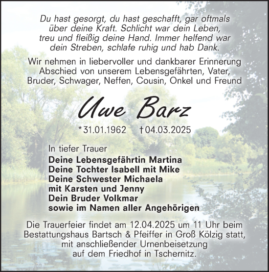 Traueranzeige von Uwe Barz von Lausitzer Rundschau