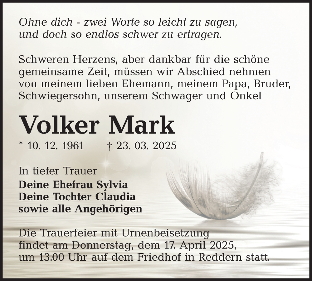  Traueranzeige für Volker Mark vom 05.04.2025 aus Lausitzer Rundschau
