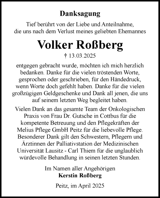Traueranzeige von Volker Roßberg von Lausitzer Rundschau