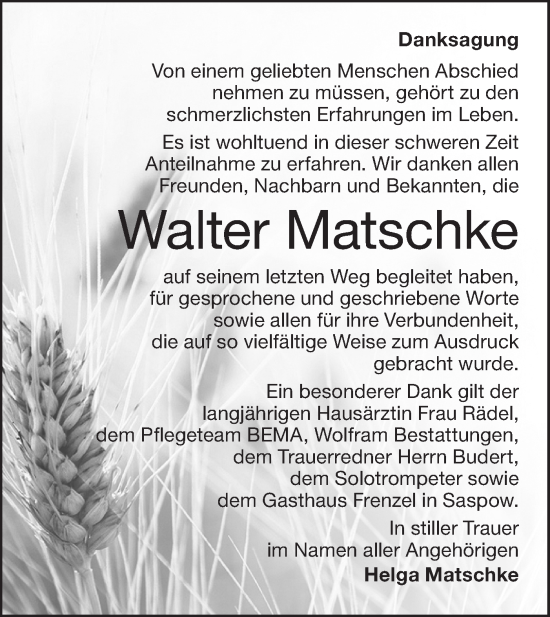 Traueranzeige von Walter Matschke von Lausitzer Rundschau