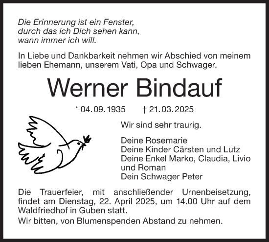 Traueranzeige von Werner Bindauf von Lausitzer Rundschau