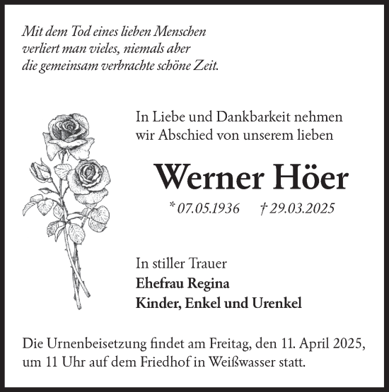 Traueranzeige von Werner Höer von Lausitzer Rundschau