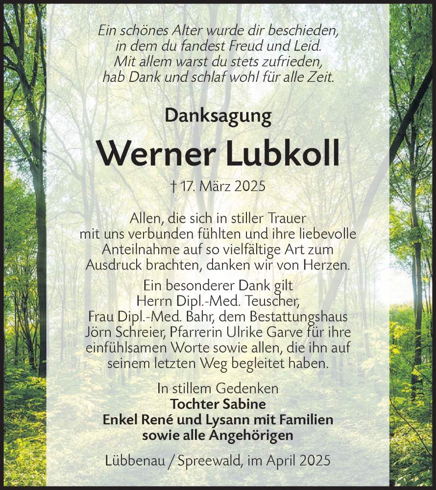  Traueranzeige für Werner Lubkoll vom 19.04.2025 aus Lausitzer Rundschau