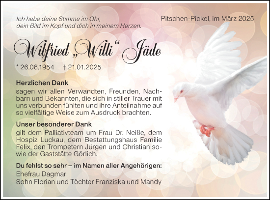 Traueranzeige von Wilfried Jäde von Lausitzer Rundschau