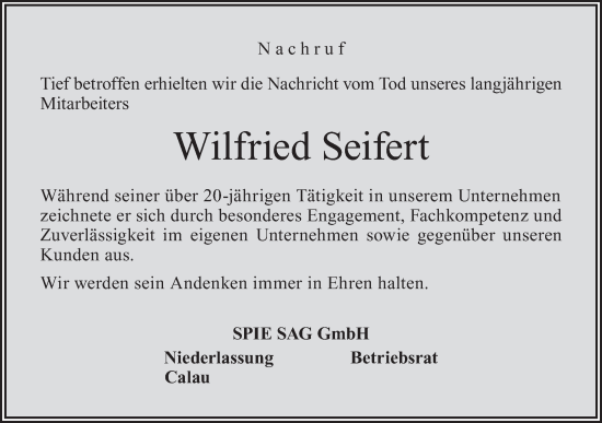 Traueranzeige von Wilfried Seifert von Lausitzer Rundschau