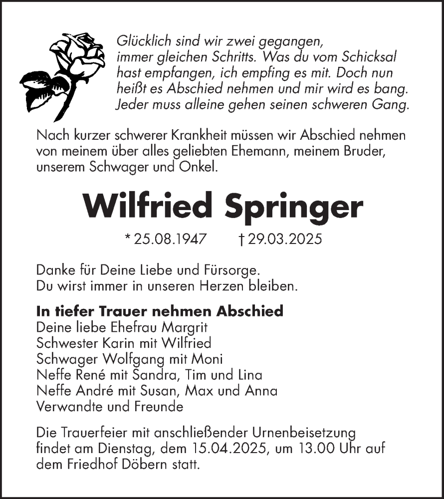  Traueranzeige für Wilfried Springer vom 05.04.2025 aus Lausitzer Rundschau