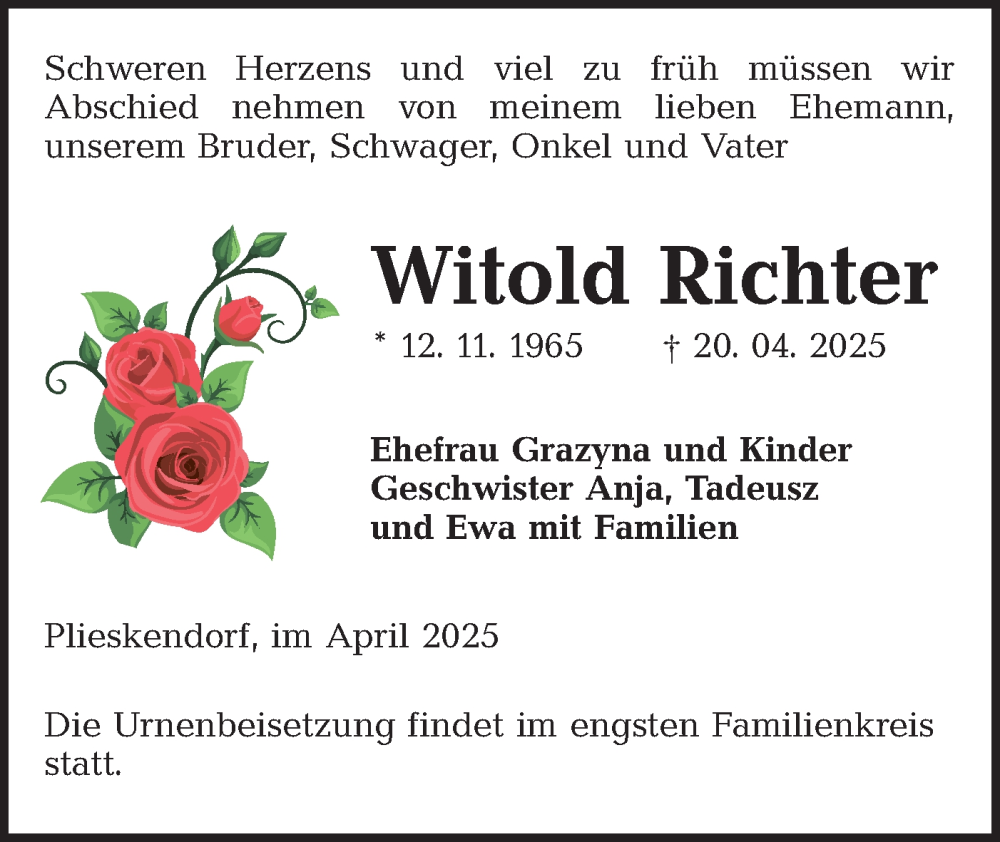  Traueranzeige für Witold Richter vom 26.04.2025 aus Lausitzer Rundschau