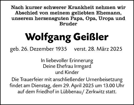 Traueranzeige von Wolfgang Geißler von Lausitzer Rundschau
