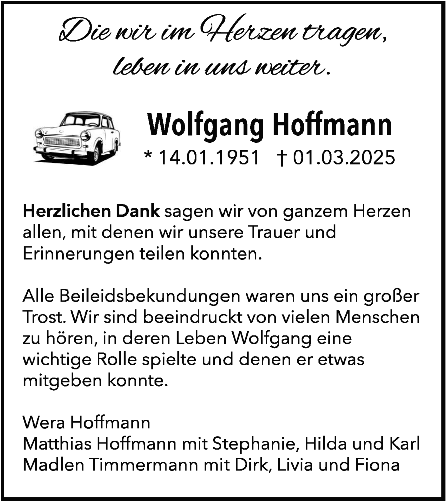  Traueranzeige für Wolfgang Hoffmann vom 05.04.2025 aus Lausitzer Rundschau