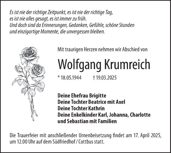 Traueranzeige von Wolfgang Krumreich von Lausitzer Rundschau
