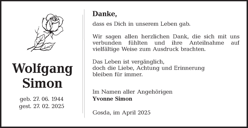  Traueranzeige für Wolfgang Simon vom 12.04.2025 aus Lausitzer Rundschau