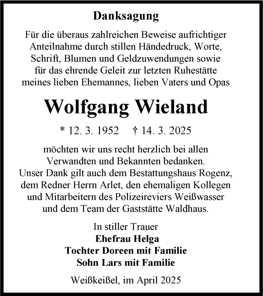  Traueranzeige für Wolfgang Wieland vom 12.04.2025 aus Lausitzer Rundschau
