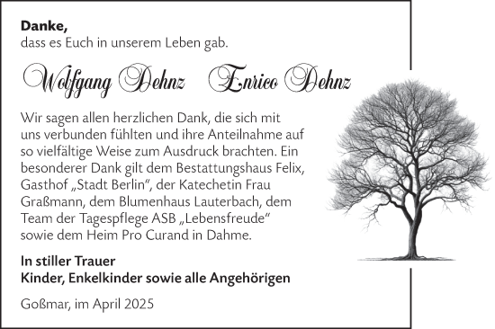 Traueranzeige von Wolfgang und Enrico Dehnz von Lausitzer Rundschau