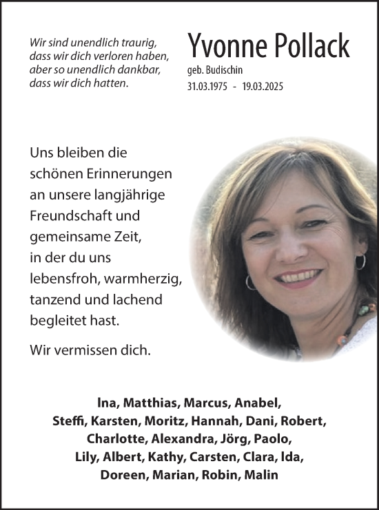 Traueranzeige von Yvonne Pollack von Lausitzer Rundschau