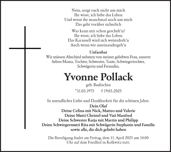 Traueranzeige von Yvonne Pollack von Lausitzer Rundschau