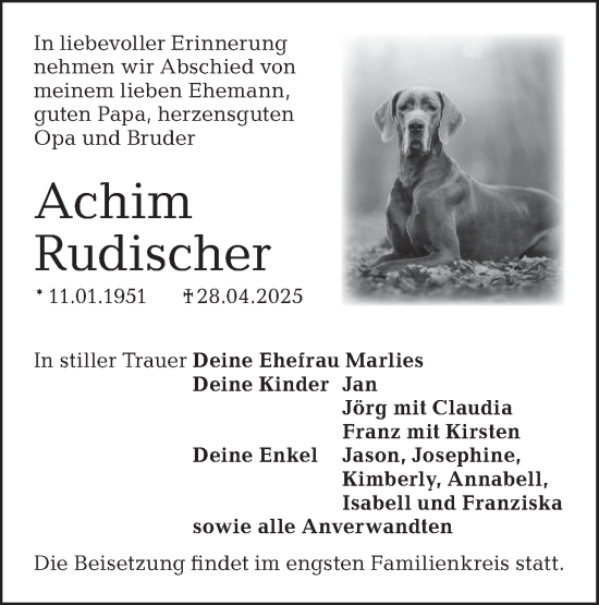 Traueranzeige von Achim Rudischer von Lausitzer Rundschau