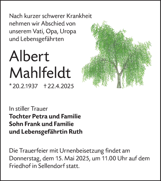 Traueranzeige von Albert Mahlfeldt von Lausitzer Rundschau
