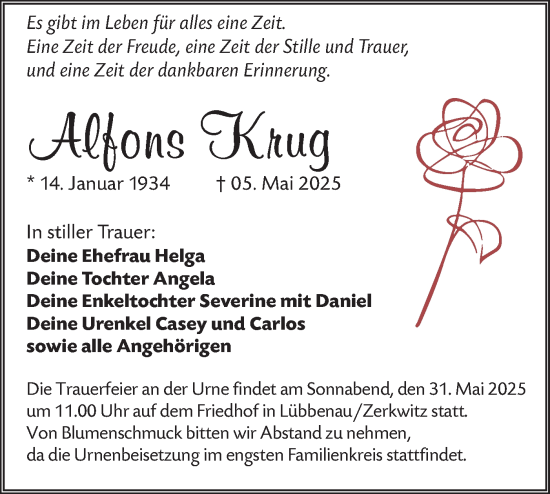 Traueranzeige von Alfons Krug von Lausitzer Rundschau