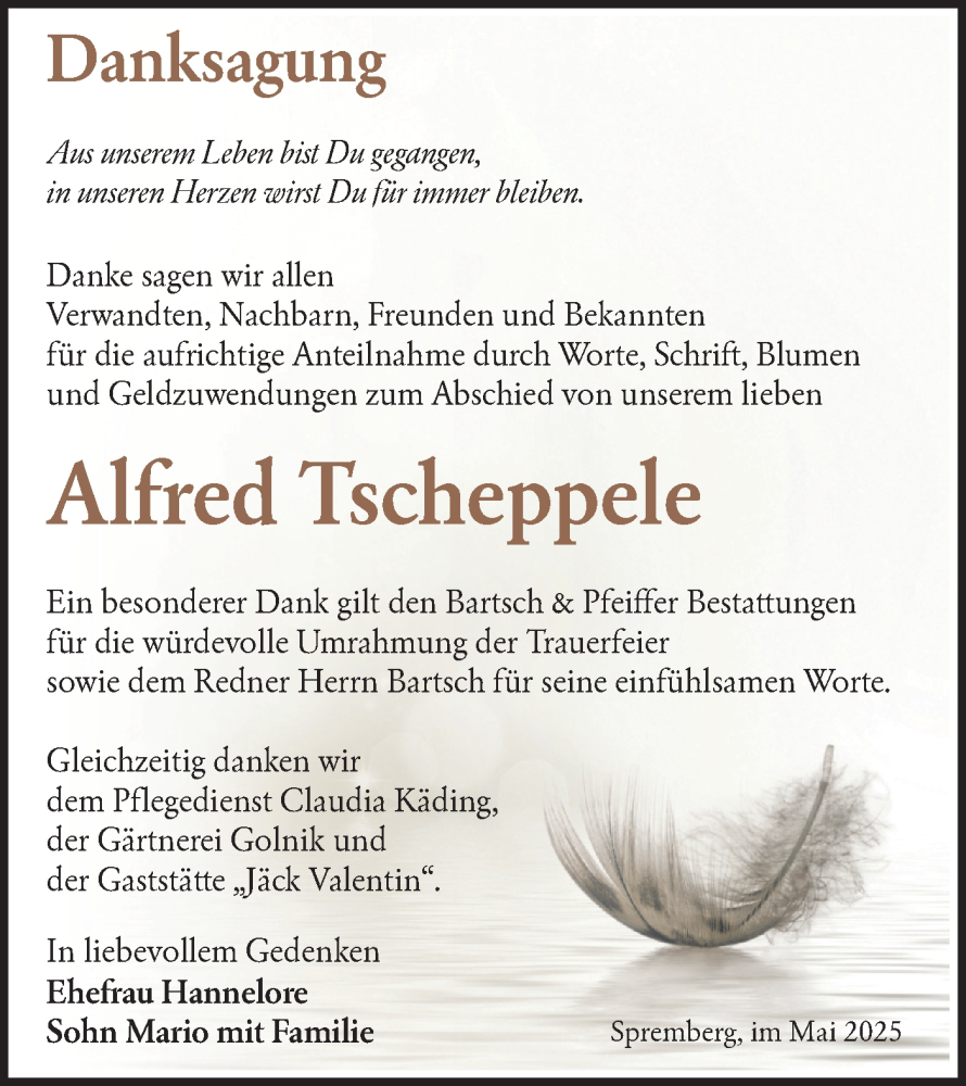  Traueranzeige für Alfred Tscheppele vom 24.05.2025 aus Lausitzer Rundschau