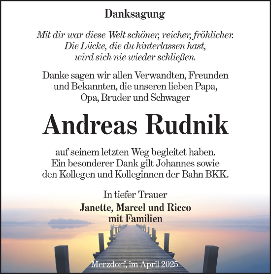 Traueranzeige von Andreas Rudnik von Lausitzer Rundschau