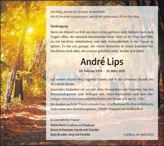 Traueranzeige von André Lips von Lausitzer Rundschau