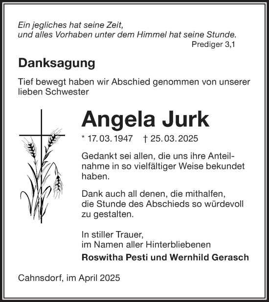Traueranzeige von Angela Jurk von Lausitzer Rundschau