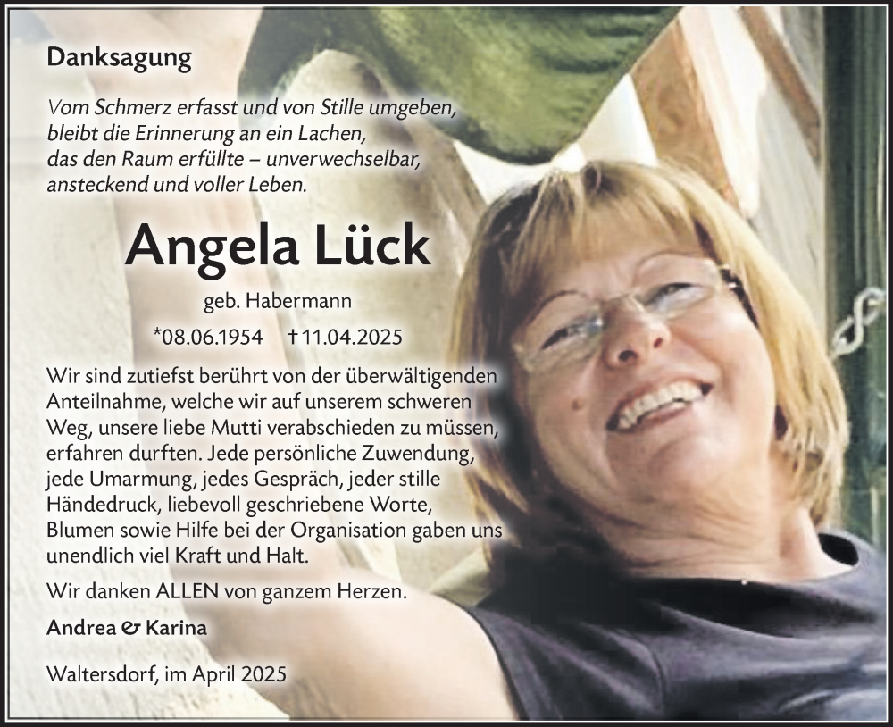  Traueranzeige für Angela Lück vom 10.05.2025 aus Lausitzer Rundschau