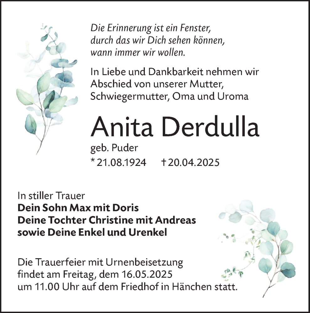  Traueranzeige für Anita Derdulla vom 03.05.2025 aus Lausitzer Rundschau