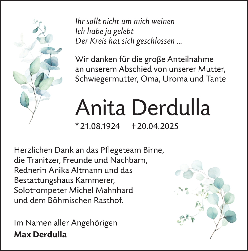  Traueranzeige für Anita Derdulla vom 24.05.2025 aus Lausitzer Rundschau
